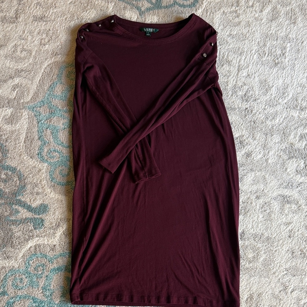 Lauren Ralph Lauren Burgundy Boatneck Button-Shoulder Knit Dress